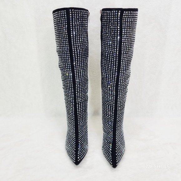 Glamour Shot Mirror Rhinestone Tinted 4" Pyramid Heel Knee High Boots Black - Picture 7 of 10